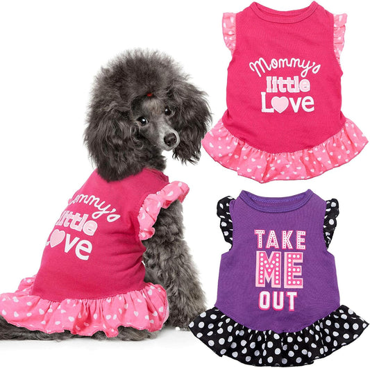 2 Pieces Dog Dresses for Dogs Cute Girl Female Pet Dress Mommy Puppy Shirt Skirt Dresses Pet Summer Clothes Apparel for Cats(Love and Me,X-Small)